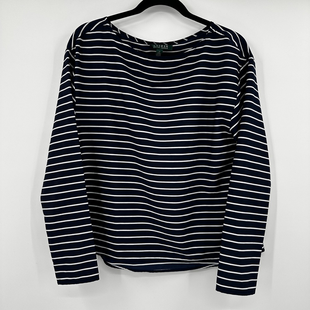 Lauren Ralph Lauren Navy White Striped Boat Neck Long Sleeve‎ Top Women's Medium